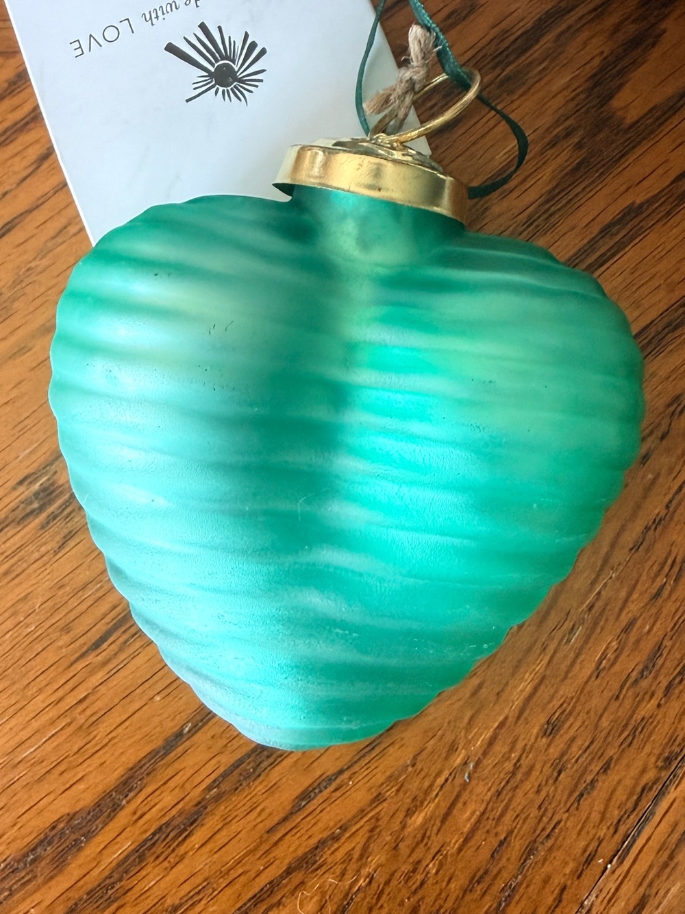 Noonday Frosted Glass Heart Ornament with Ridged Texture and Green Mesh Ribbon - Picture 5 of 5